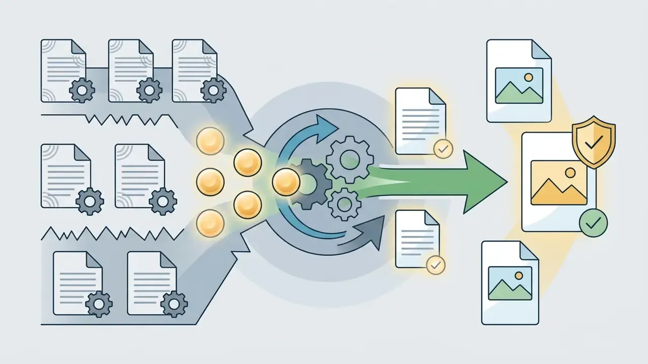 Coins flowing into a gear mechanism to transform document icons into watermark-free image files