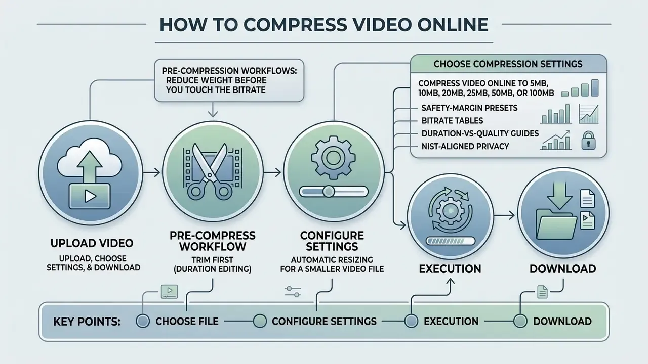 Flowchart illustrating the steps to upload, trim, configure, process, and download a compressed video file