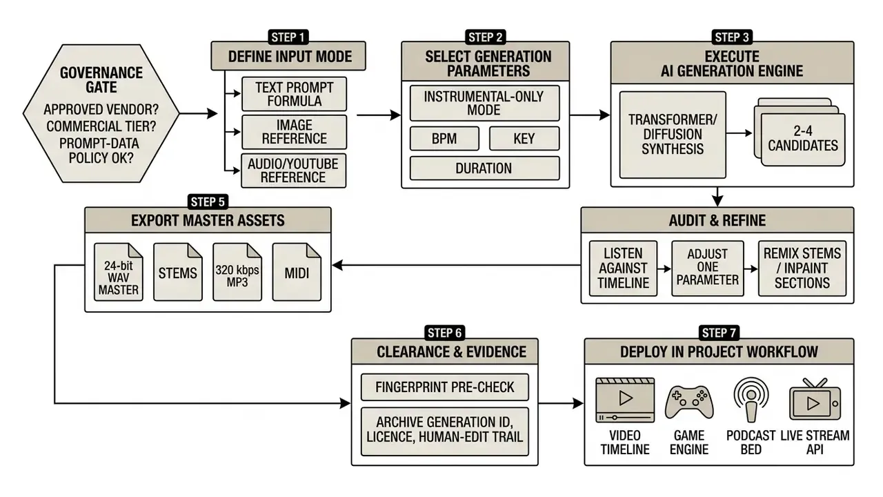 Step-by-step flowchart detailing the production workflow from governance gate to final asset deployment