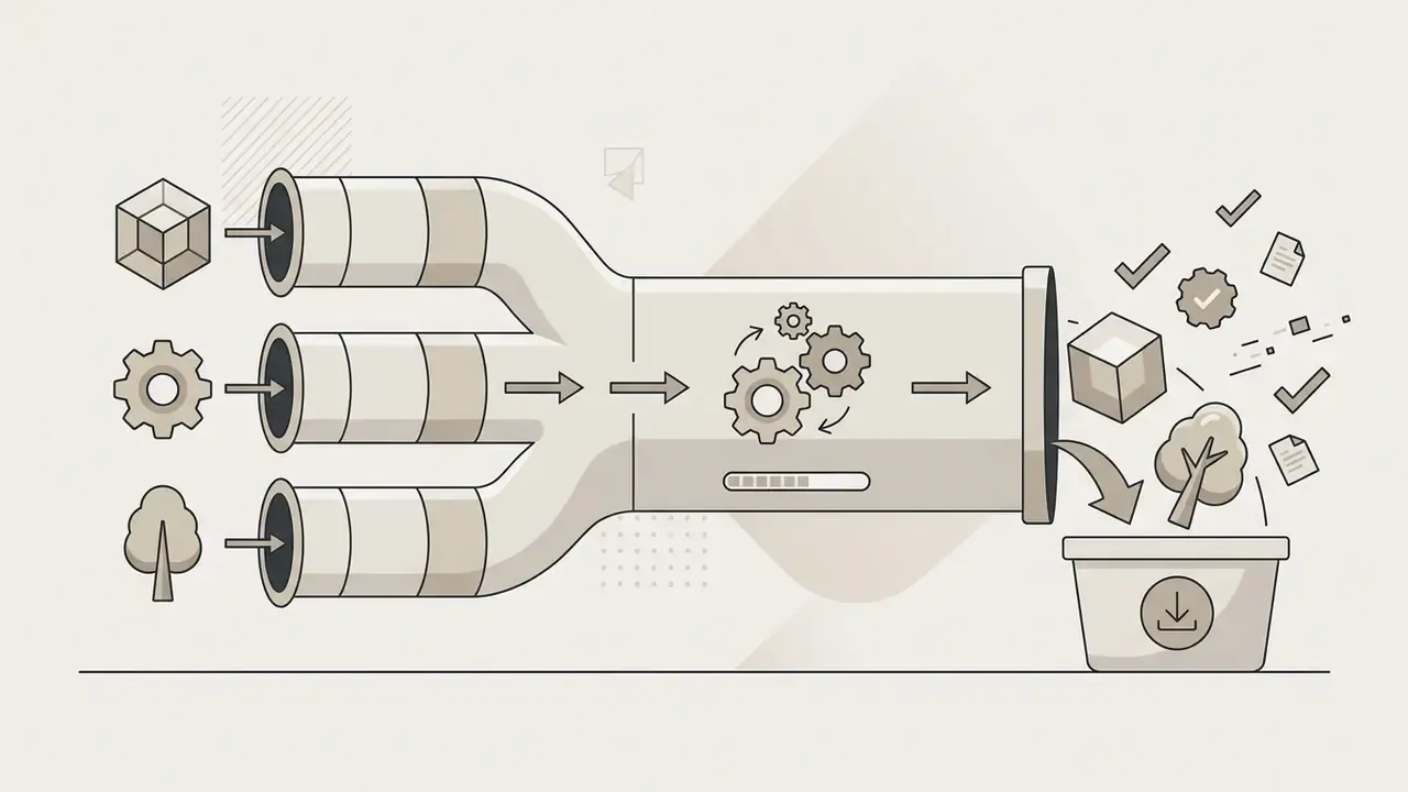Three input pipes merging into a central processing chamber that outputs generated assets into a download bin