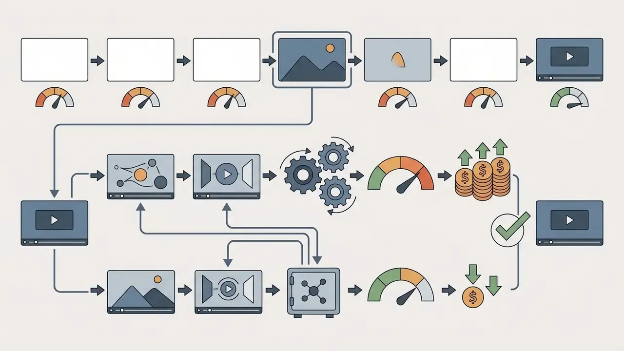 Pipeline showing video generation steps with speed gauges and a cache vault to reduce compute costs