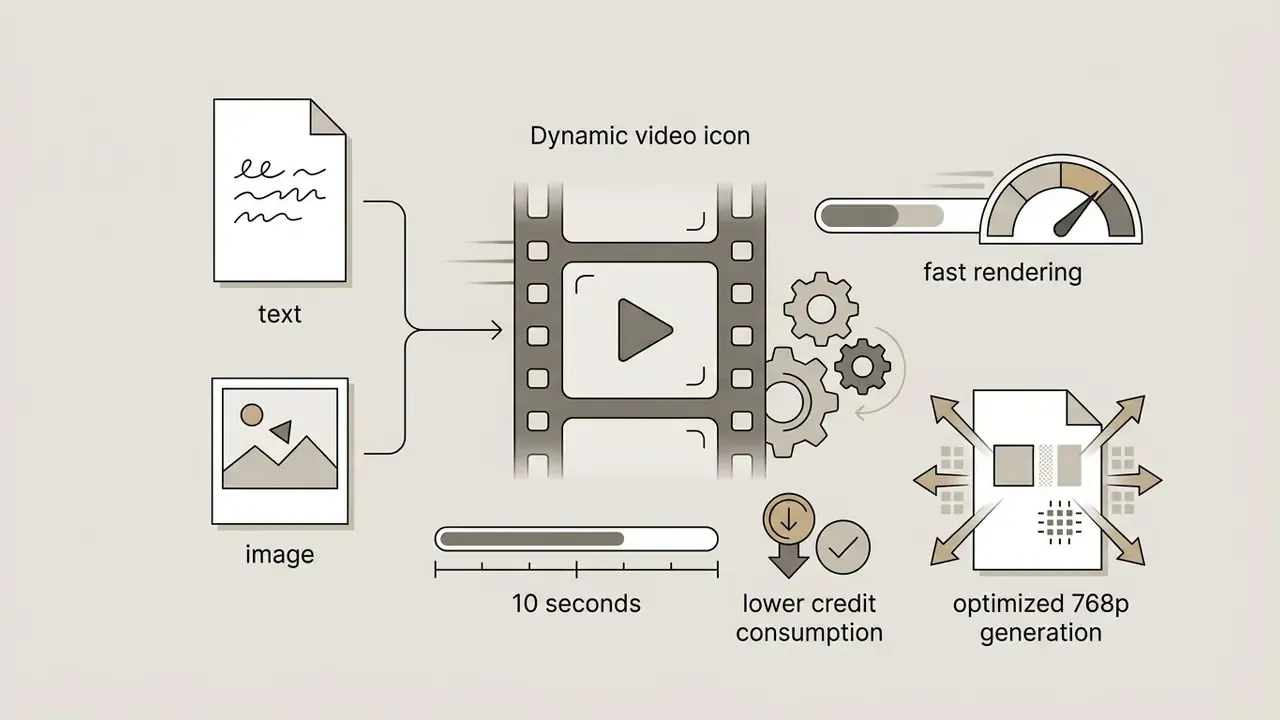 Diagram showing text and image inputs converting into video with fast rendering and credit efficiency