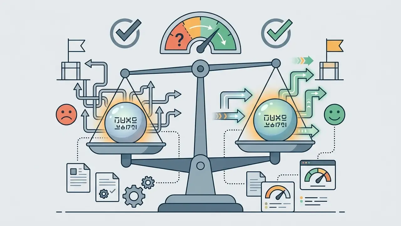 Balance scale weighing game design paths with indicators for player progress and success metrics