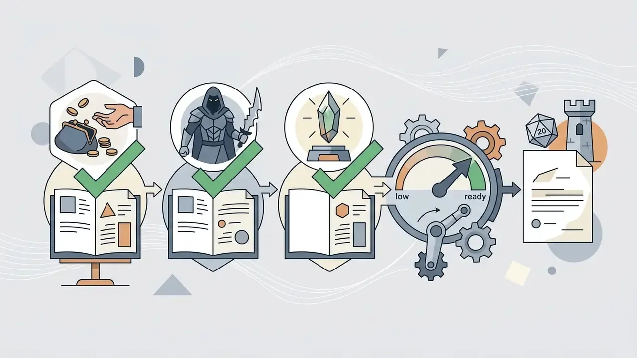 Sequence of three book reviews leading to a gauge and a final document for roleplaying game preparation