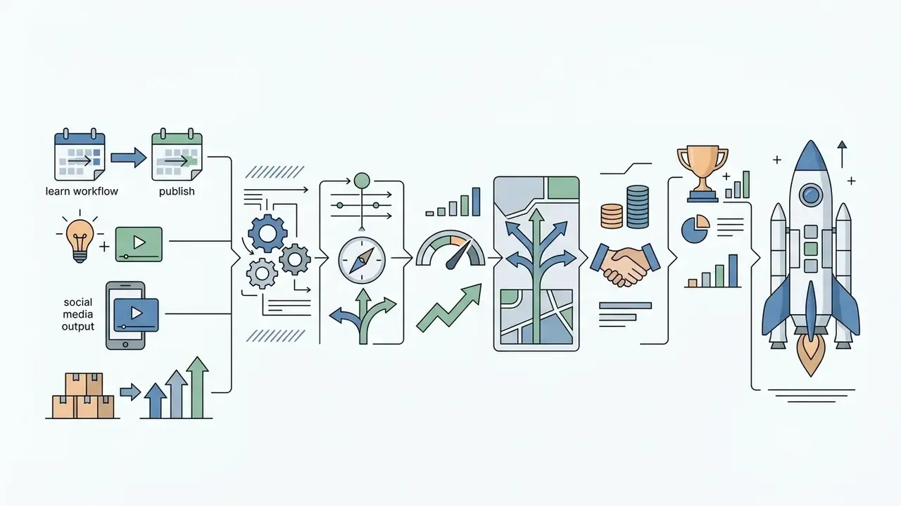 Icons showing a content creation process leading through gears and navigation to a rocket launch