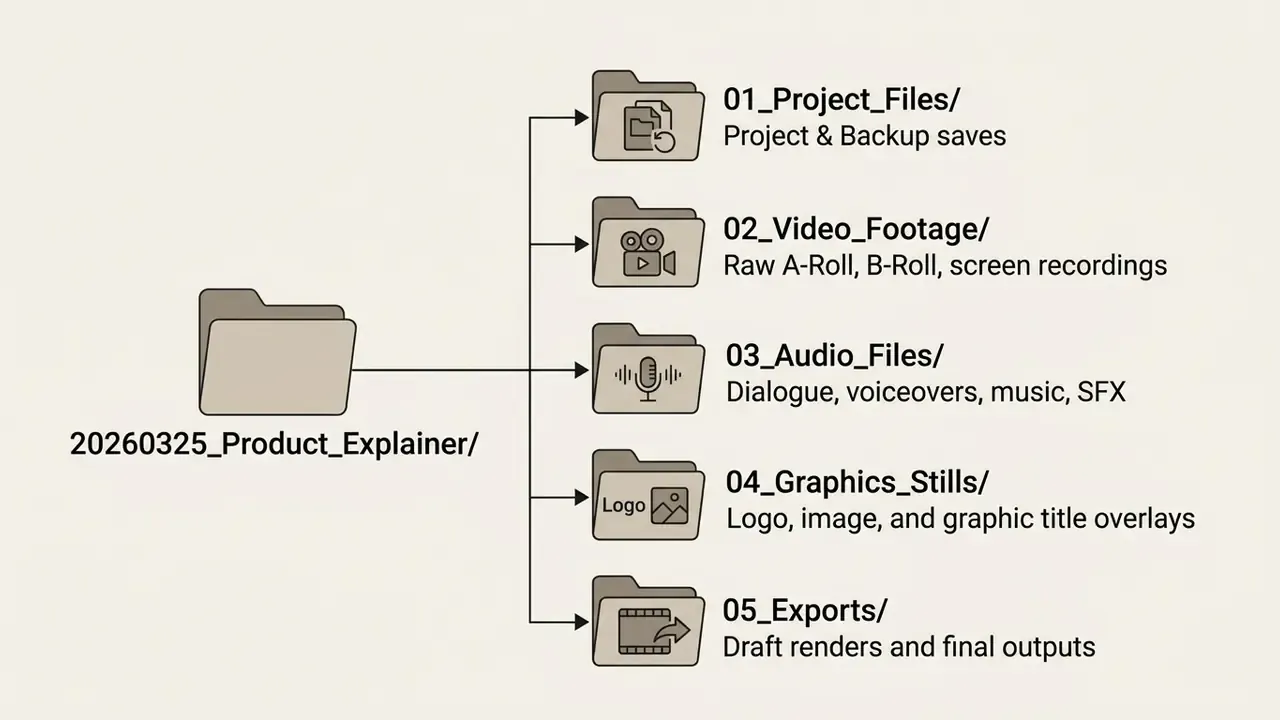 Diagram showing a hierarchical folder structure for organizing assets when you edit videos