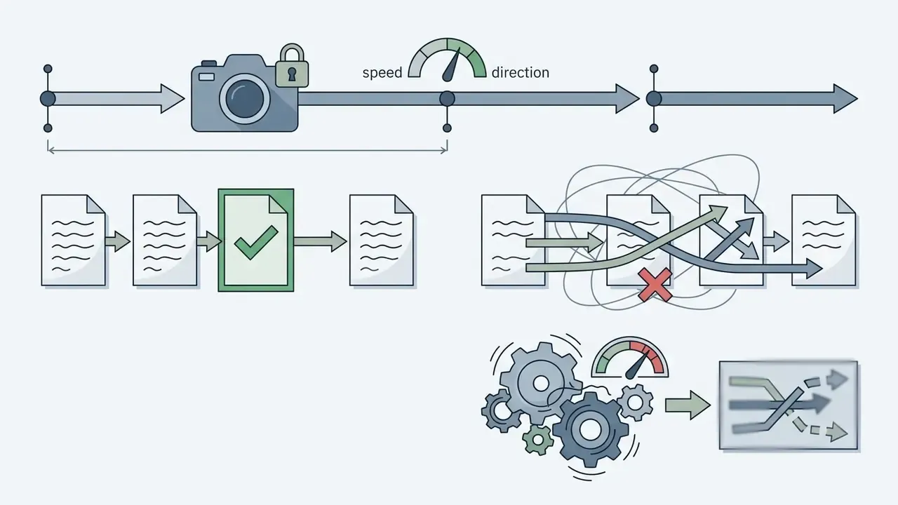 Camera icon with a lock and speed gauge showing how to stabilize trajectory for AI video generation