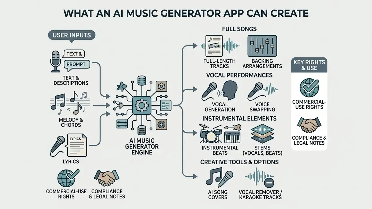 Infographic showing how an AI music generator app processes user inputs into songs and instrumental tracks