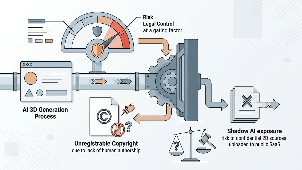 Risk gauge and pipeline showing legal challenges like copyright issues and Shadow AI exposure