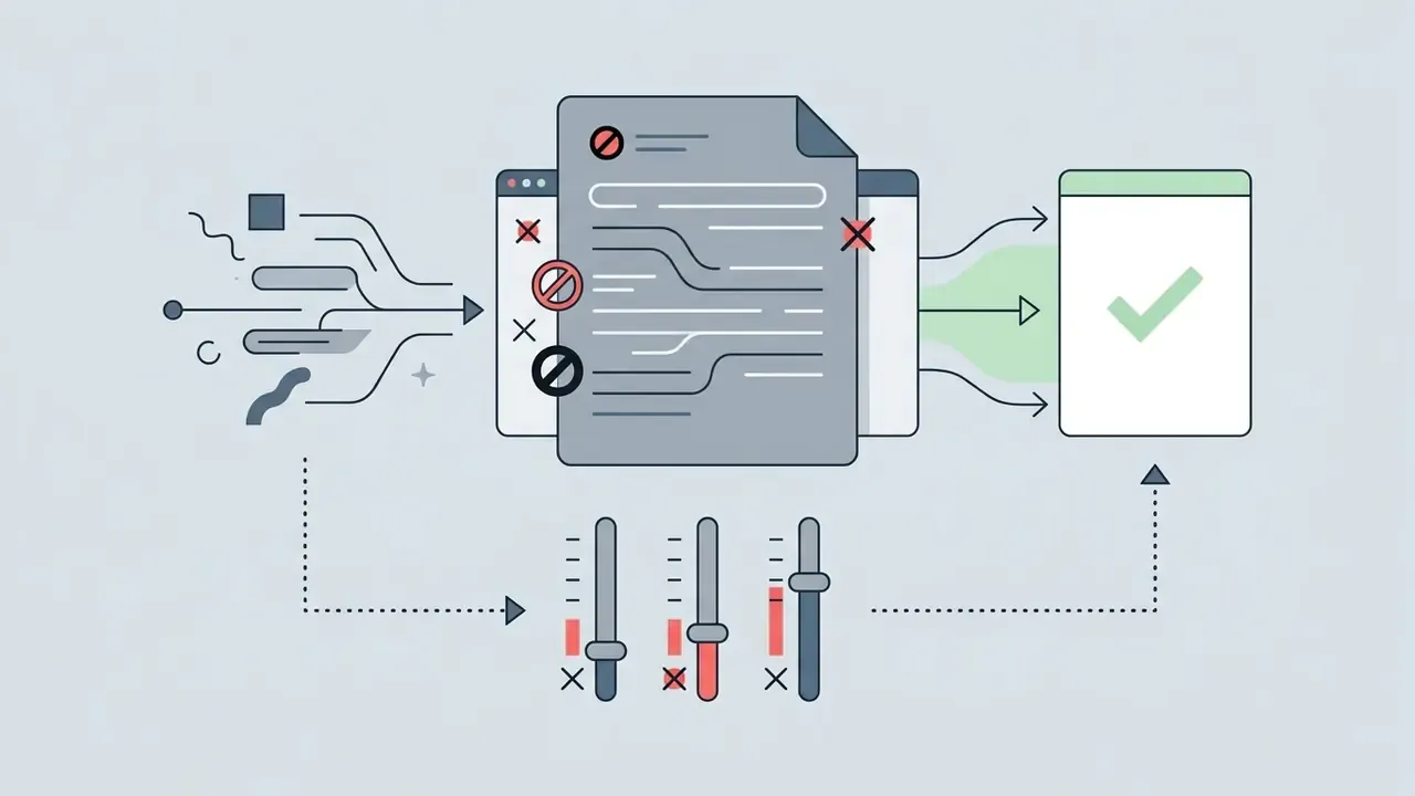 Document with forbidden symbols passing through a filter to a clean output with adjustment sliders below