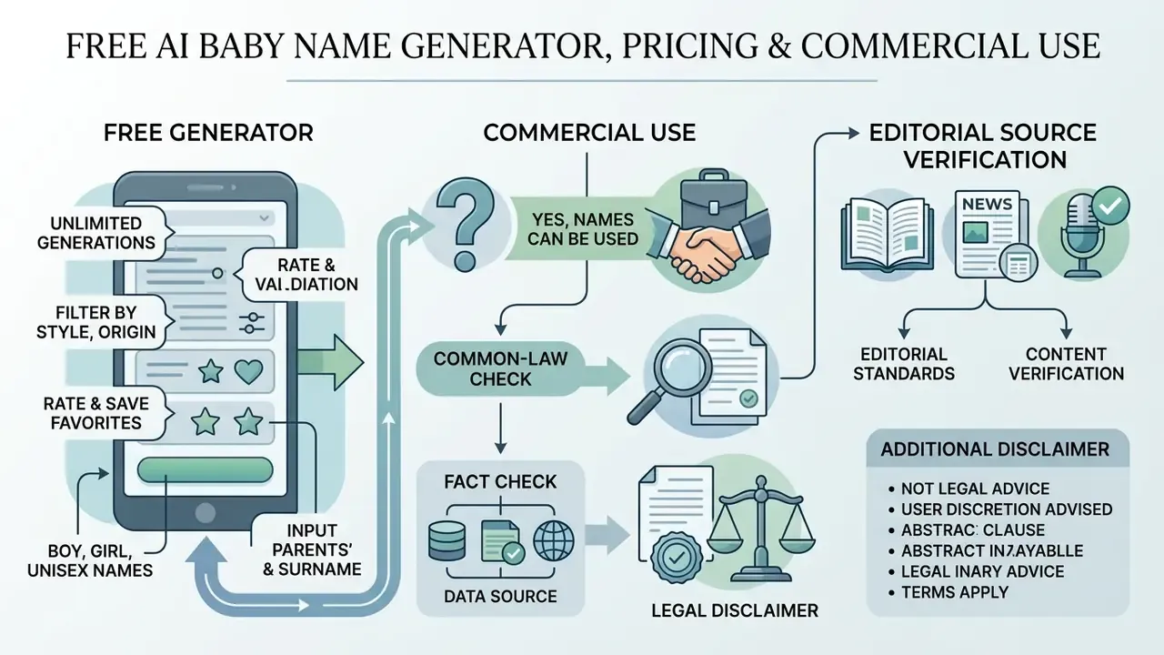 Infographic outlining AI baby name generator features including commercial use and legal verification steps