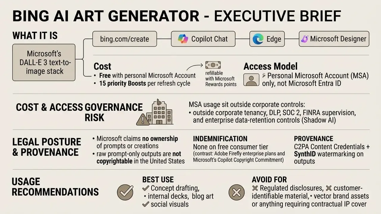 Infographic detailing the Bing AI art generator features, cost, governance risks, and usage recommendations