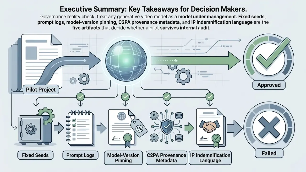 Five governance artifacts leading to either approval or failure of an AI video generation pilot project