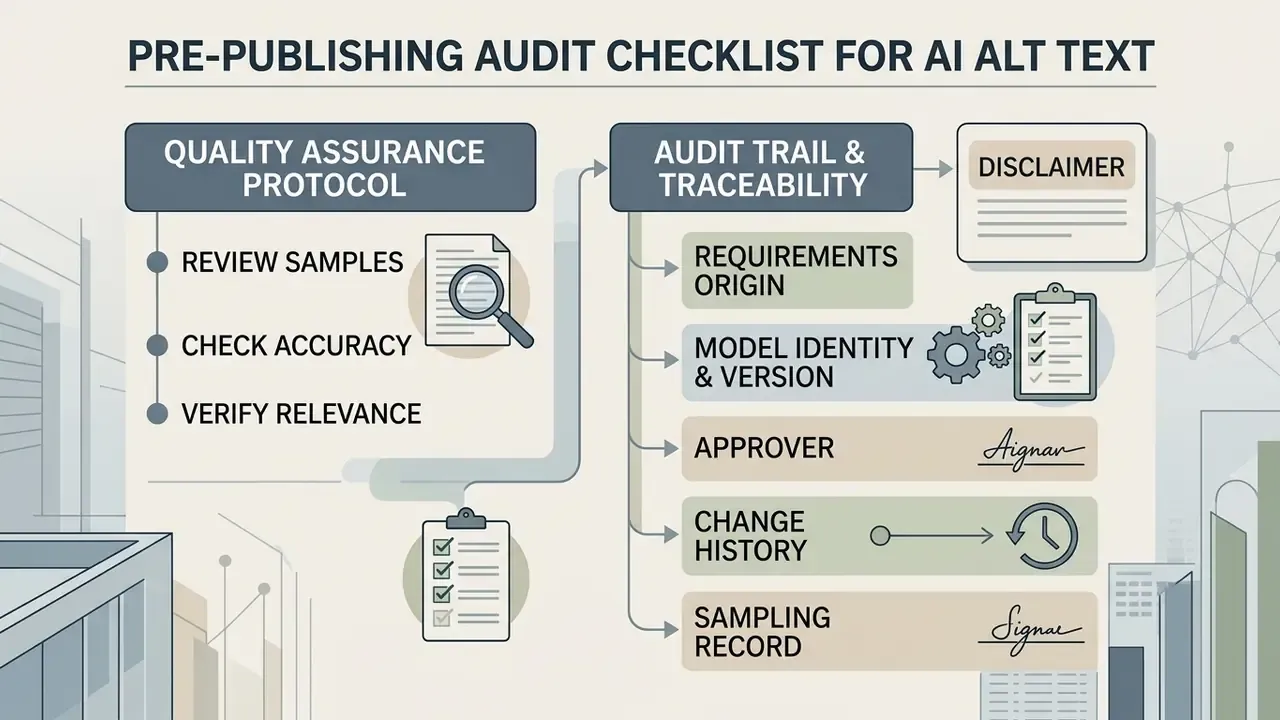 Checklist showing quality assurance protocols and audit trail requirements for an AI alt text generator