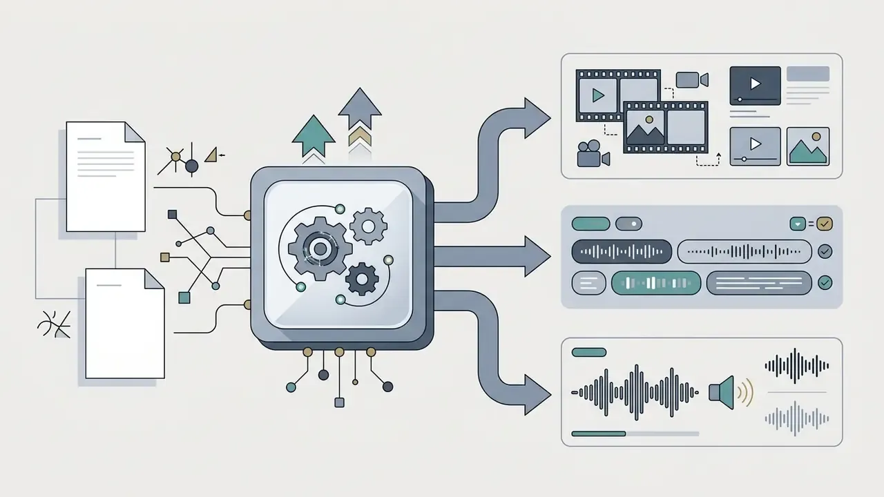 Central processor unit converting document inputs into video, caption, and audio narration outputs