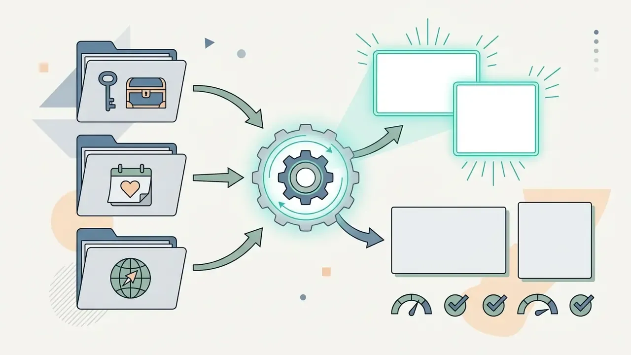 Folders with icons feeding into a central gear mechanism that processes media into video collage frames