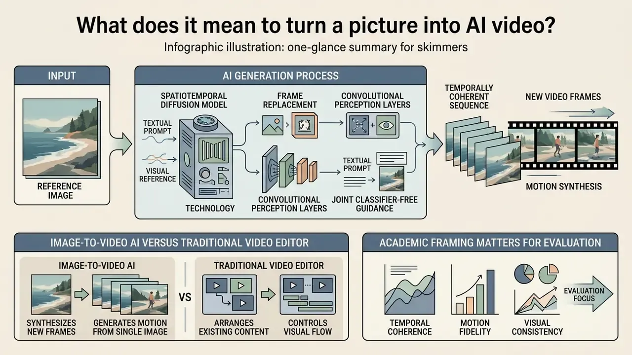 Diagram showing how generative AI models synthesize video frames from a single static reference image