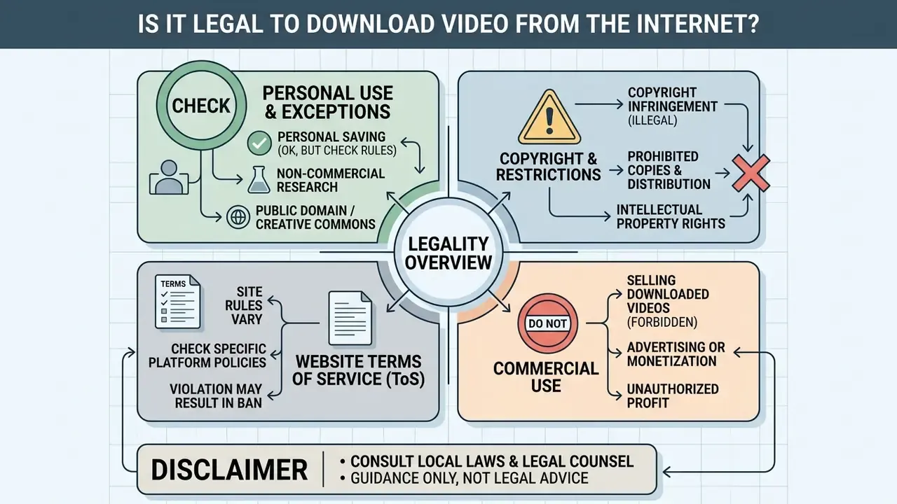 Infographic overview of copyright, commercial use, and website terms regarding media downloads