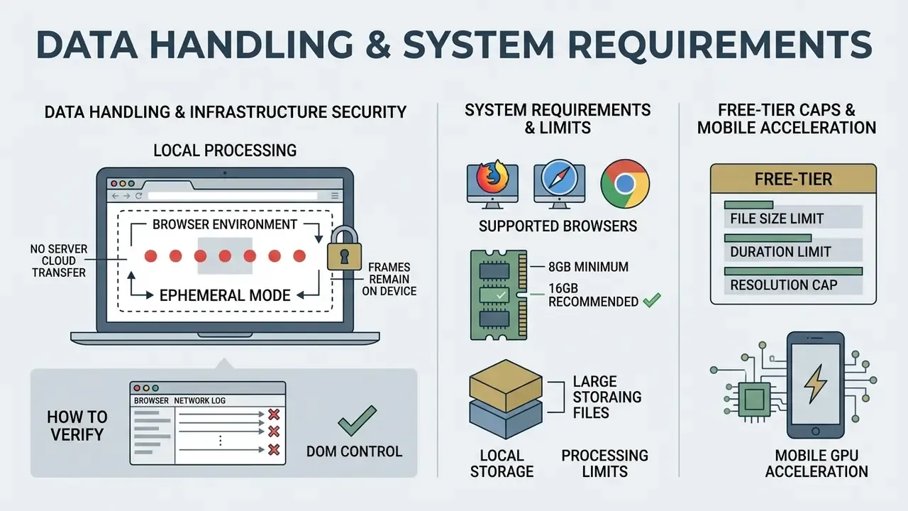 Diagram showing local processing, browser security, system requirements, and limits to blur video online