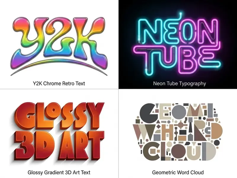 Four examples of word art styles including chrome retro, neon tube, glossy 3D, and geometric word clouds
