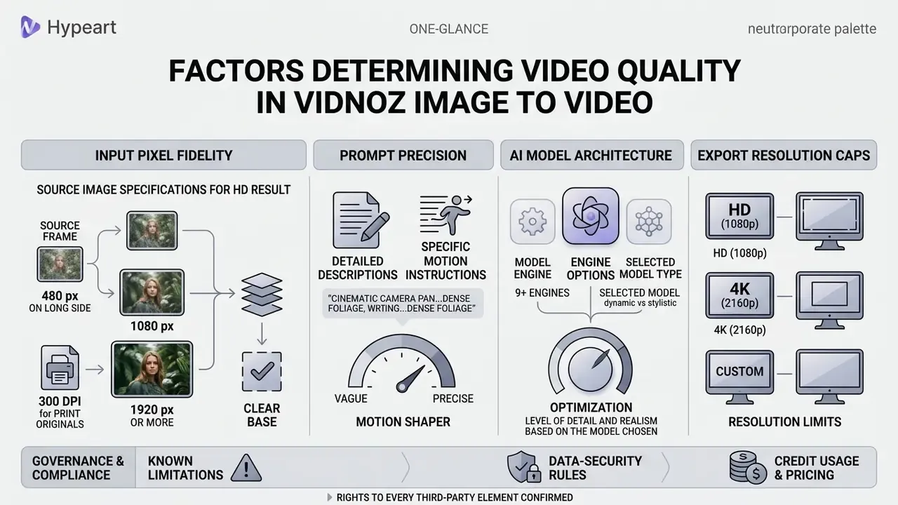 Infographic detailing how input resolution, prompt accuracy, model choice, and export caps affect video quality