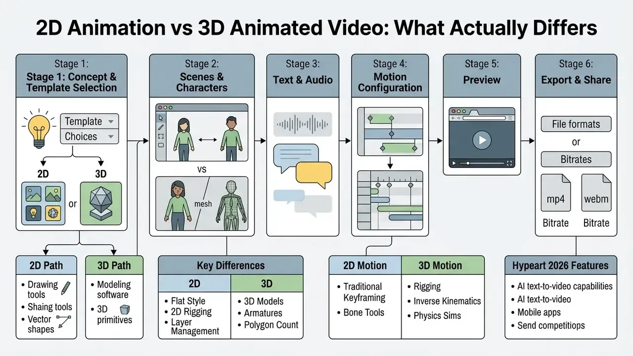 Flowchart outlining the six stages of video production from concept selection to final export and sharing