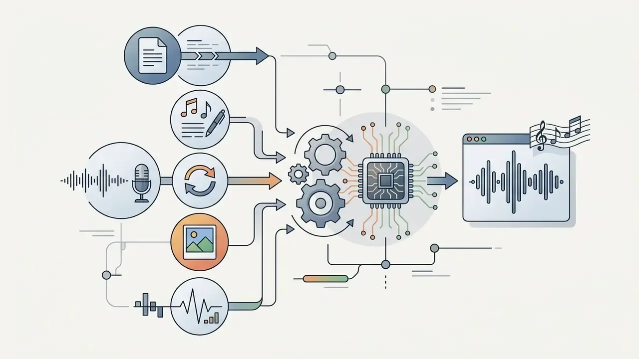 Icons representing diverse media inputs feeding into a central processor to generate digital audio tracks