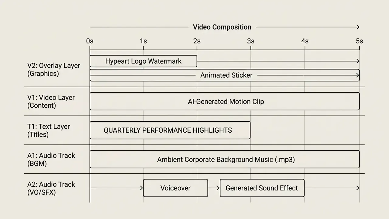 Timeline chart displaying layers for video, text, audio, and graphics over a five second duration