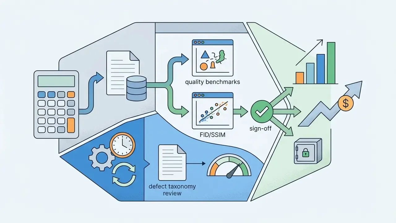 Calculator and data icons feeding into quality benchmarks and reviews to drive financial growth