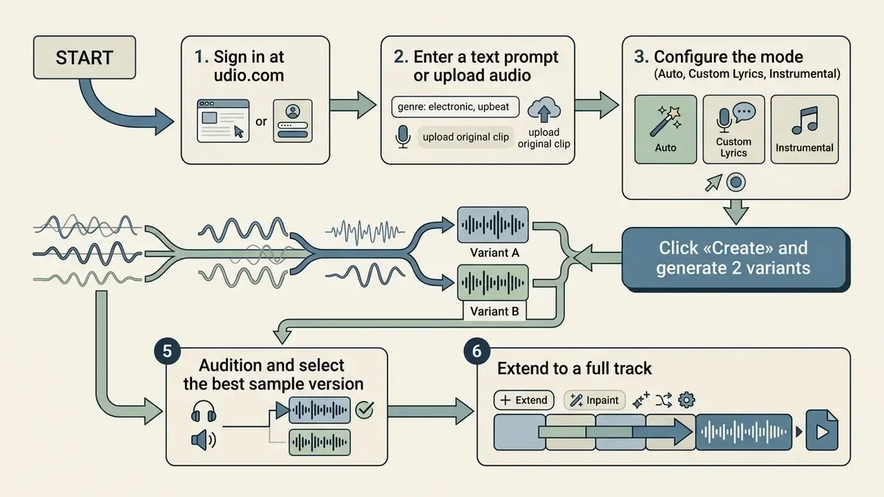 Six-step workflow diagram illustrating the process of generating music with the Udio AI platform