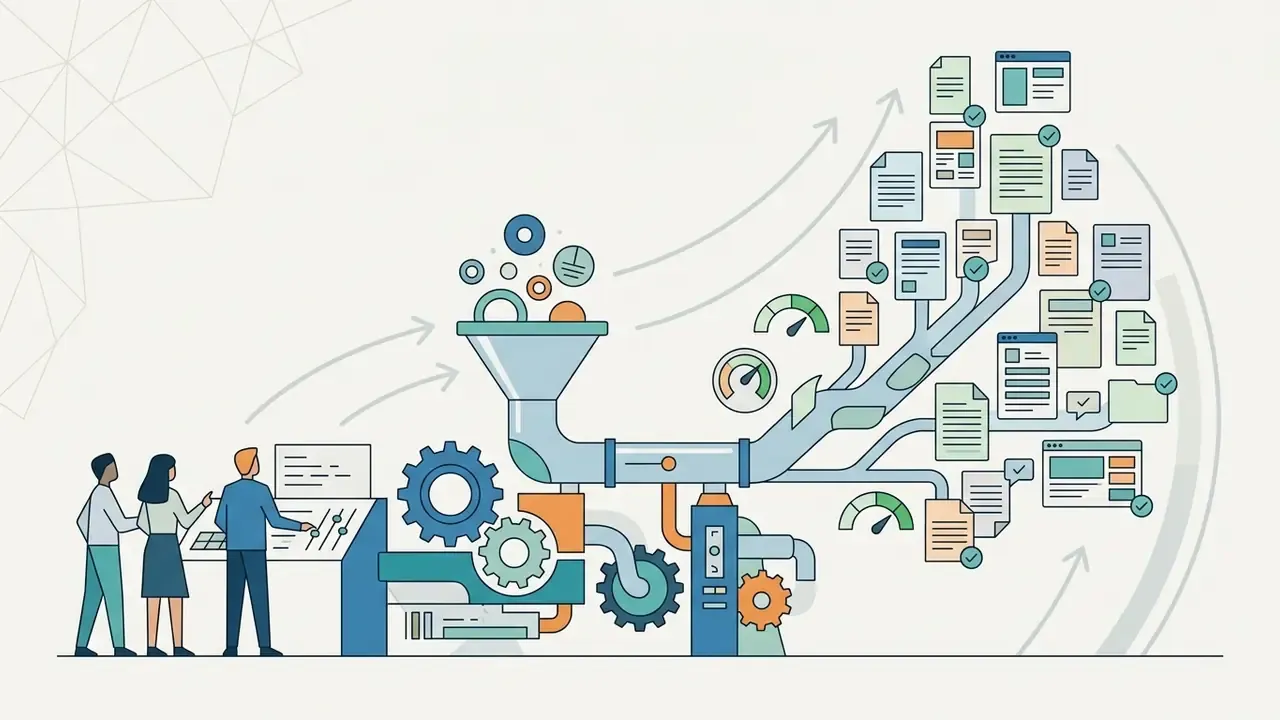 Team operating a machine that processes inputs into multiple structured documents and web pages