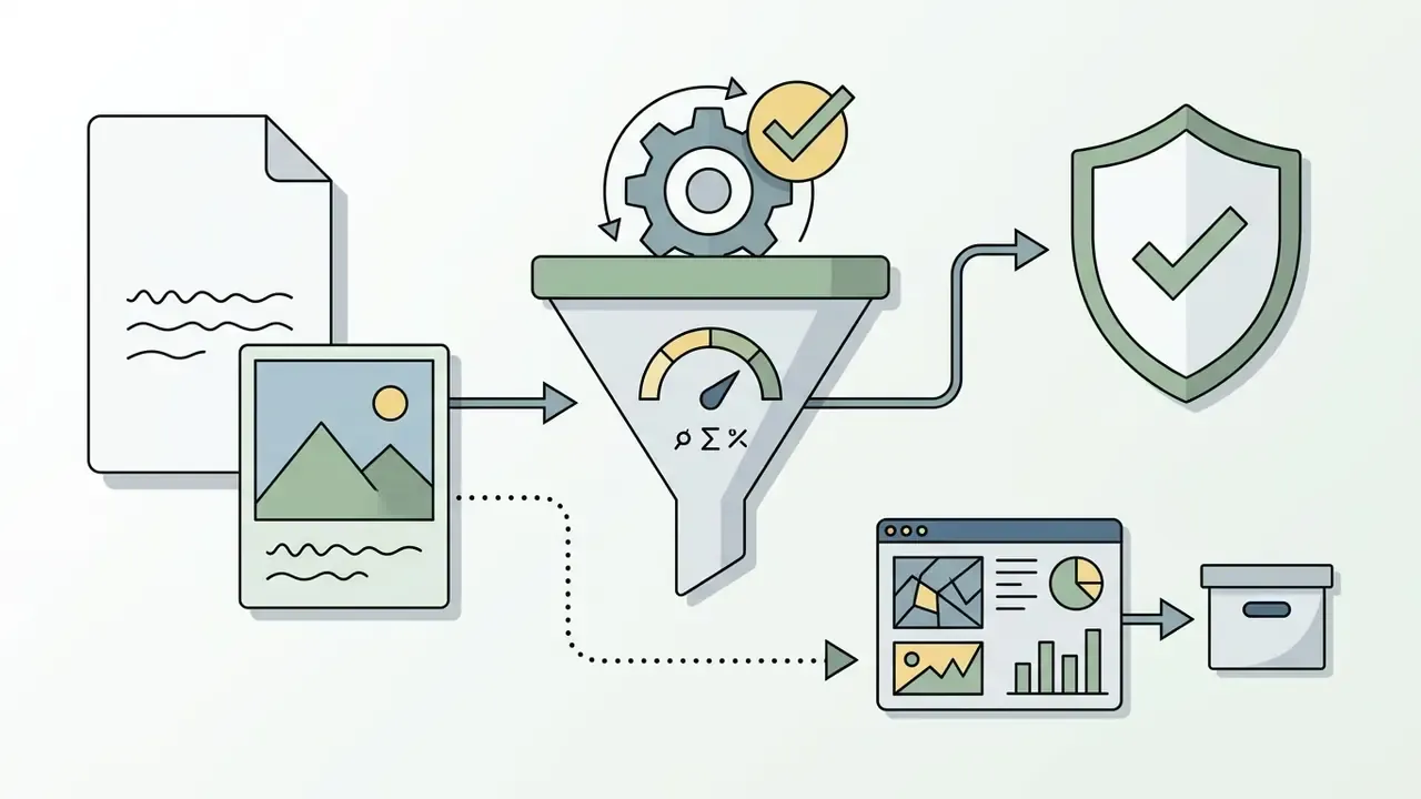Documents and images passing through a funnel with a gauge into a protected shield or data dashboard