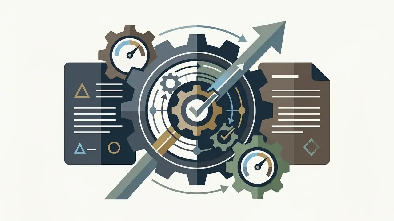 Central gear mechanism with speedometers and document icons representing structured narrative development