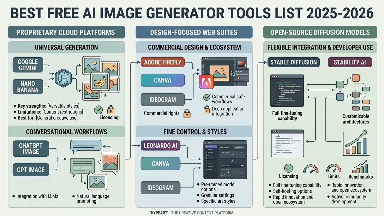 Categorization of free AI image generator tools by platform type, workflow, and technical capabilities