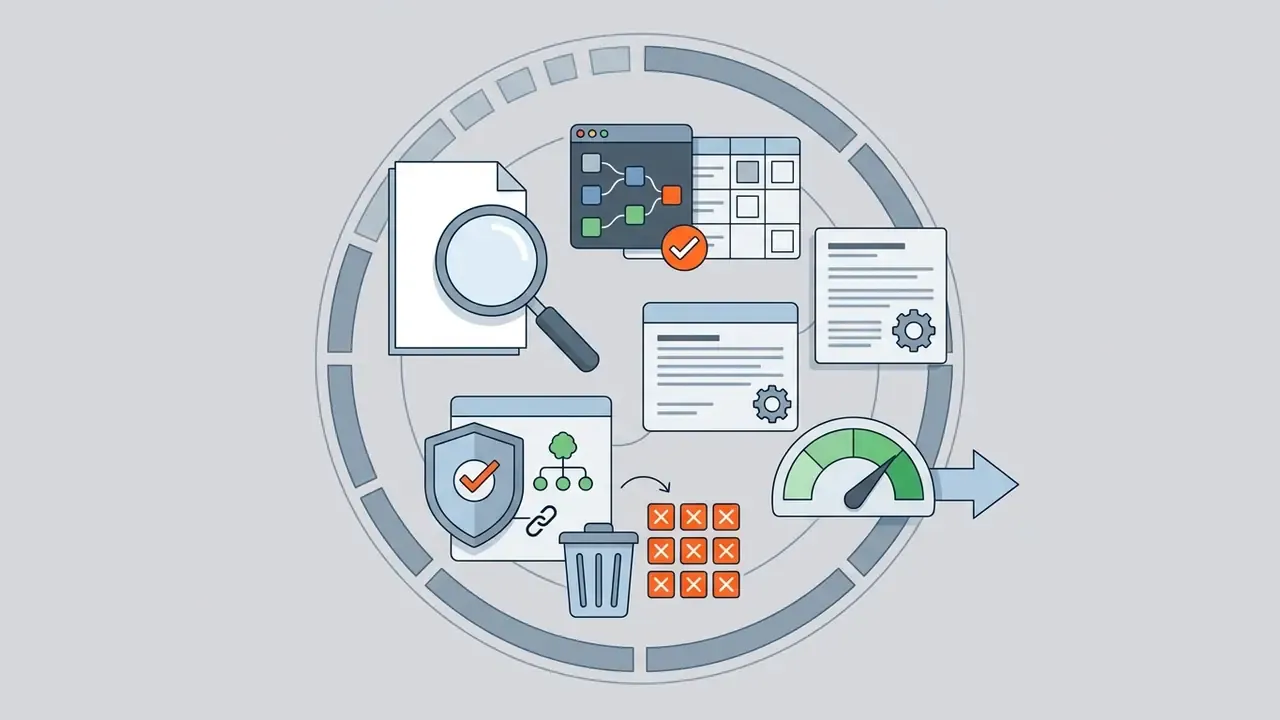 Magnifying glass over documents and interface windows with shield and gauge icons inside a circular frame