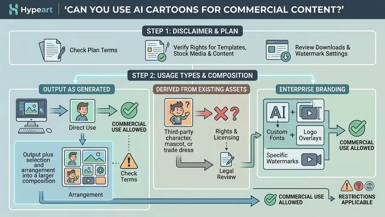 Step by step guide outlining legal considerations for using generated media in commercial projects