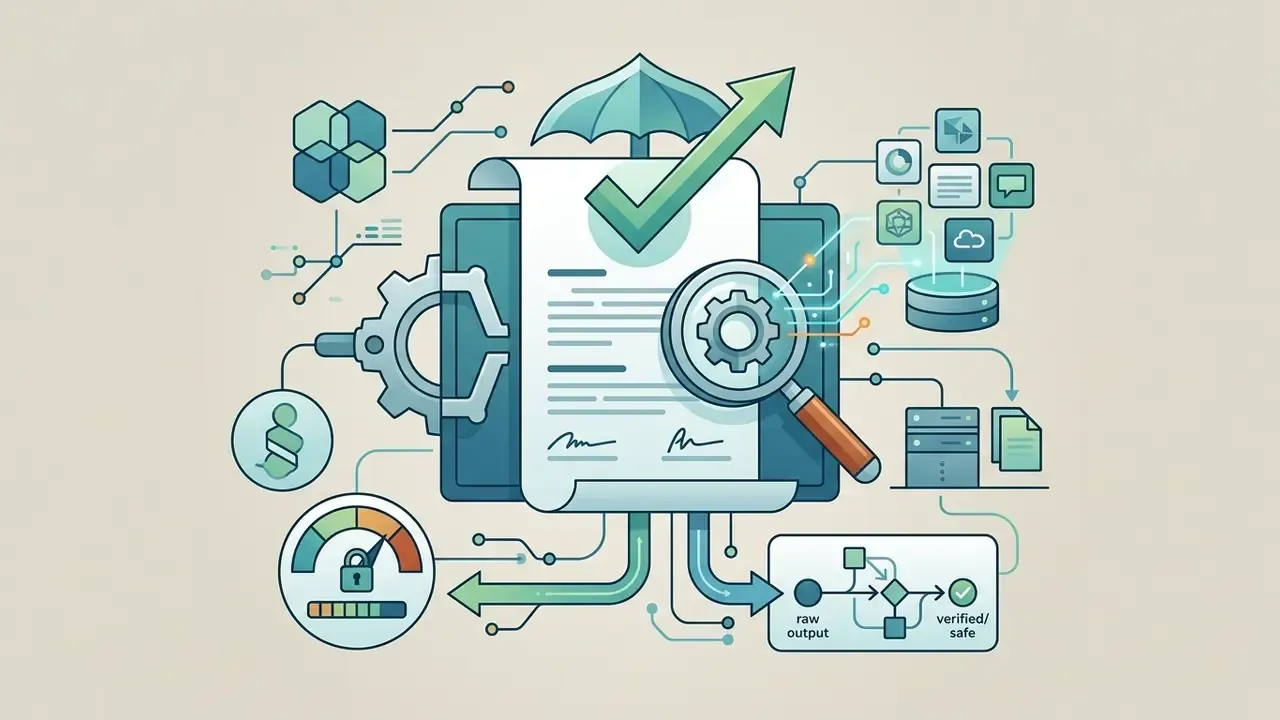 Legal document under an umbrella with magnifying glass and data processing icons for compliance review