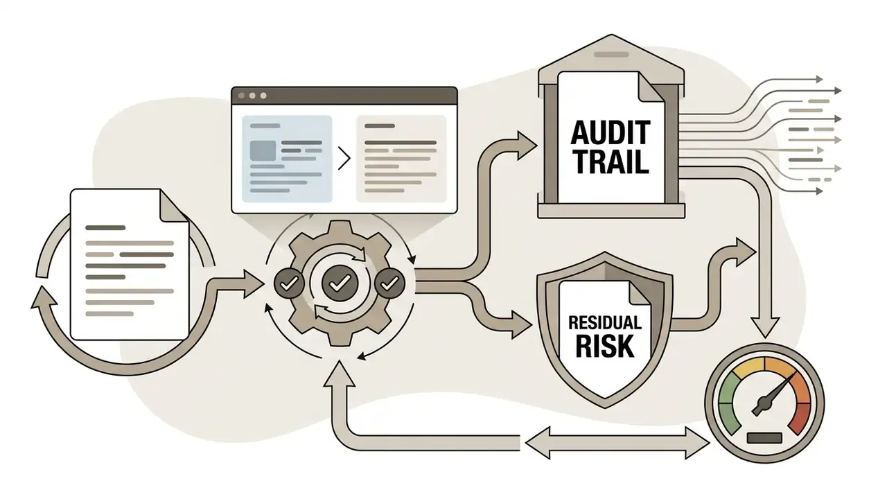 Document processing system showing an audit trail and residual risk assessment via a central gear mechanism