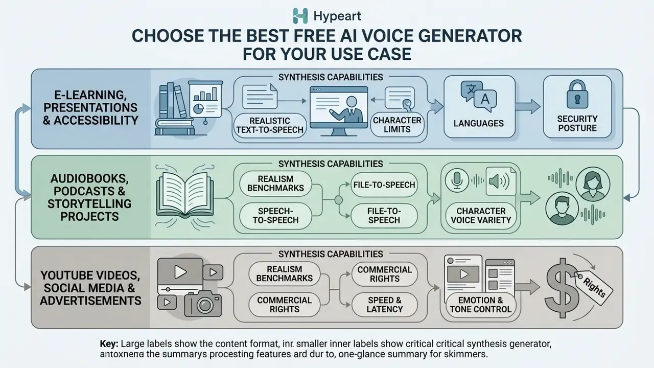 Infographic mapping content formats to specific technical requirements for the best free AI voice generator