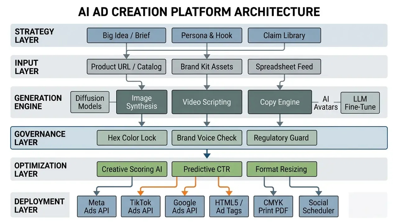 Diagram showing the hierarchical architecture of an AI ad creation platform from strategy to deployment