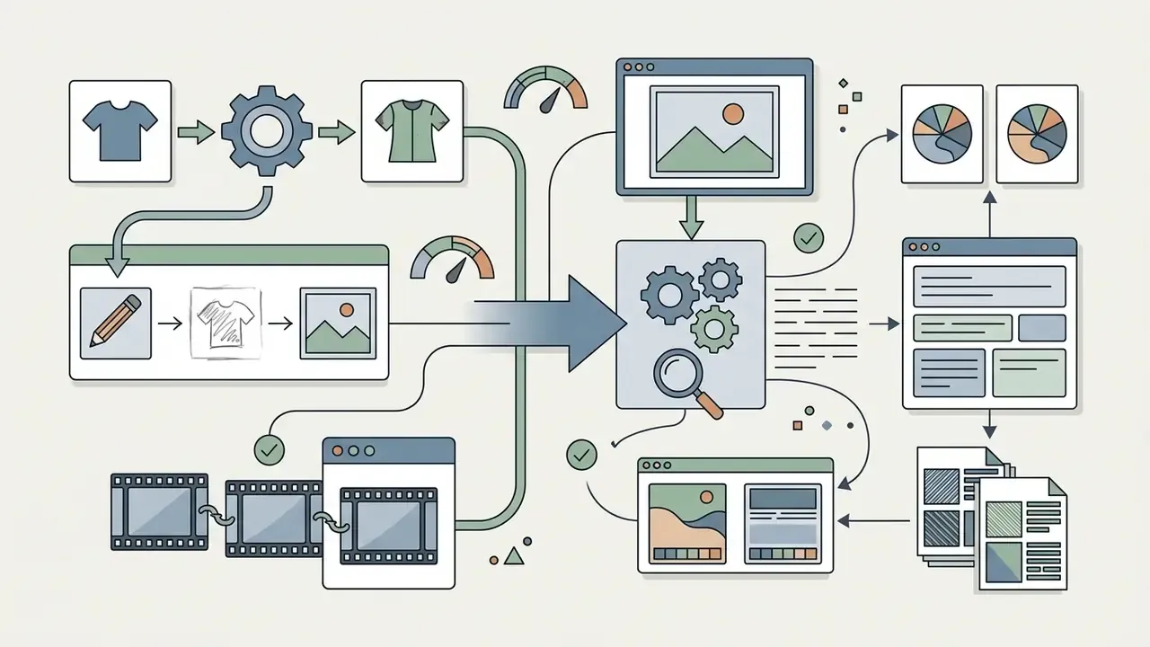 Connected icons showing OpenArt AI workflows for image generation, sketch conversion, and prompt analysis