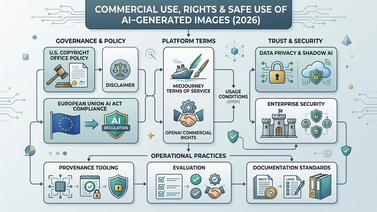 Flowchart summarizing legal, policy, and security considerations for AI that can create images