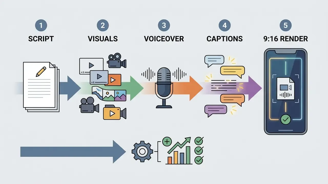 Five sequential steps for video creation including script, visuals, voiceover, captions, and mobile render
