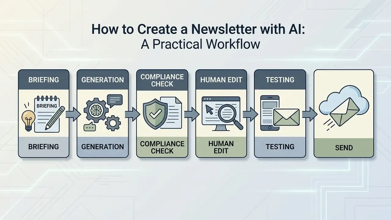 Six sequential steps from briefing and generation to compliance, editing, testing, and final email dispatch