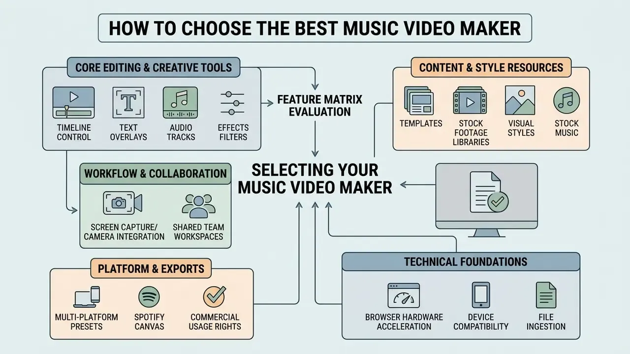 Infographic showing categories like editing tools, workflow, and technical foundations for software