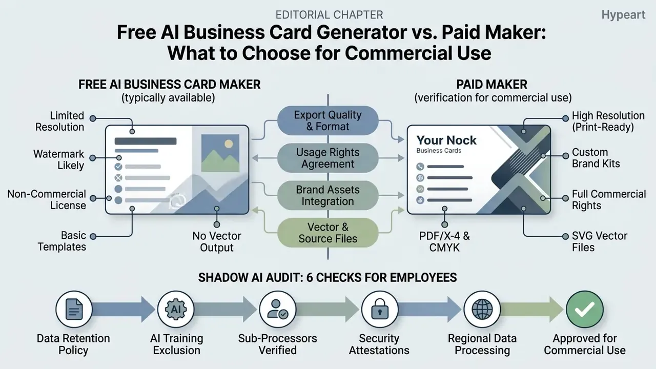 Comparison of free and paid business card tools alongside a six-step shadow AI security audit workflow