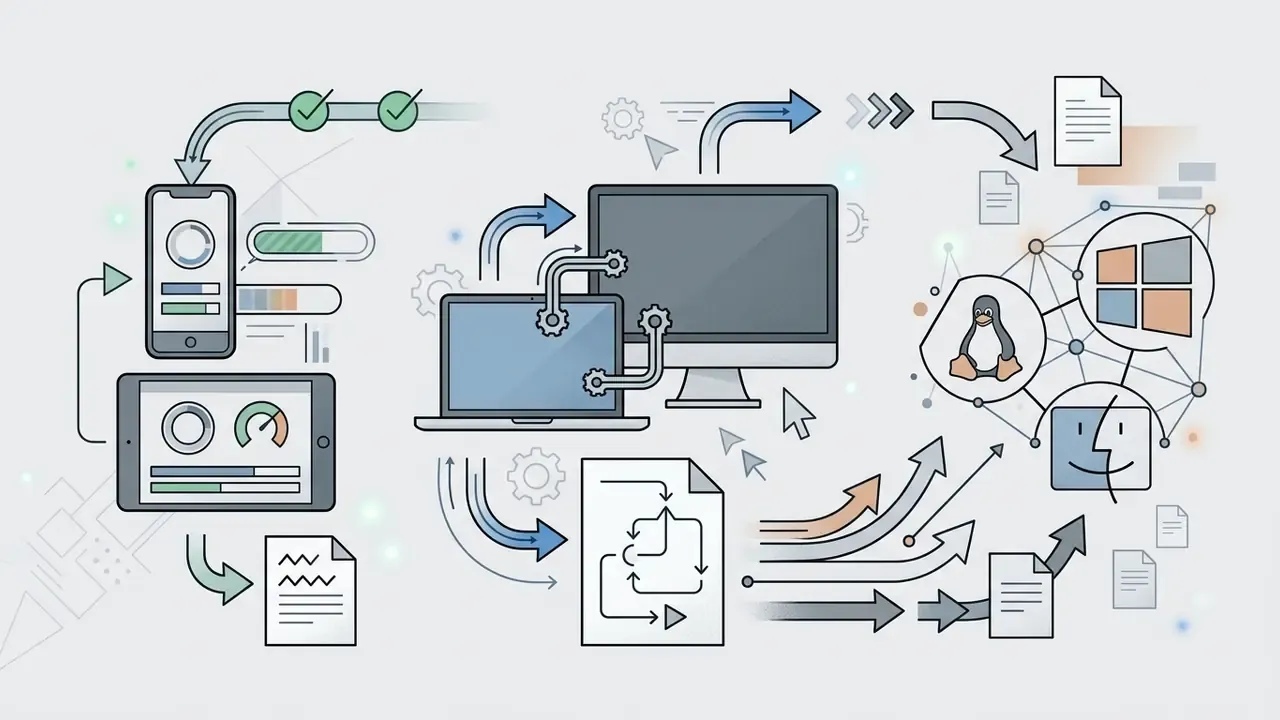 Mobile devices, laptops, and desktops connected by arrows to various operating system icons and documents