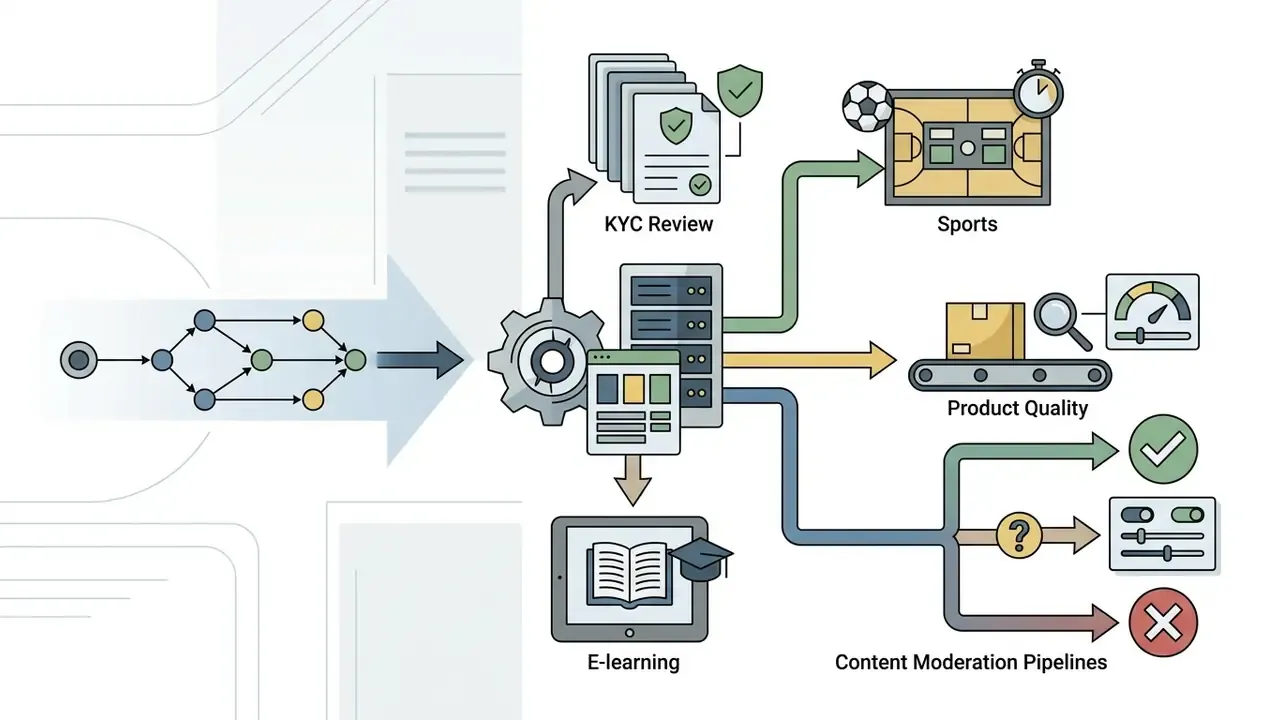 Network nodes feeding a central gear that routes information to industry modules and moderation paths