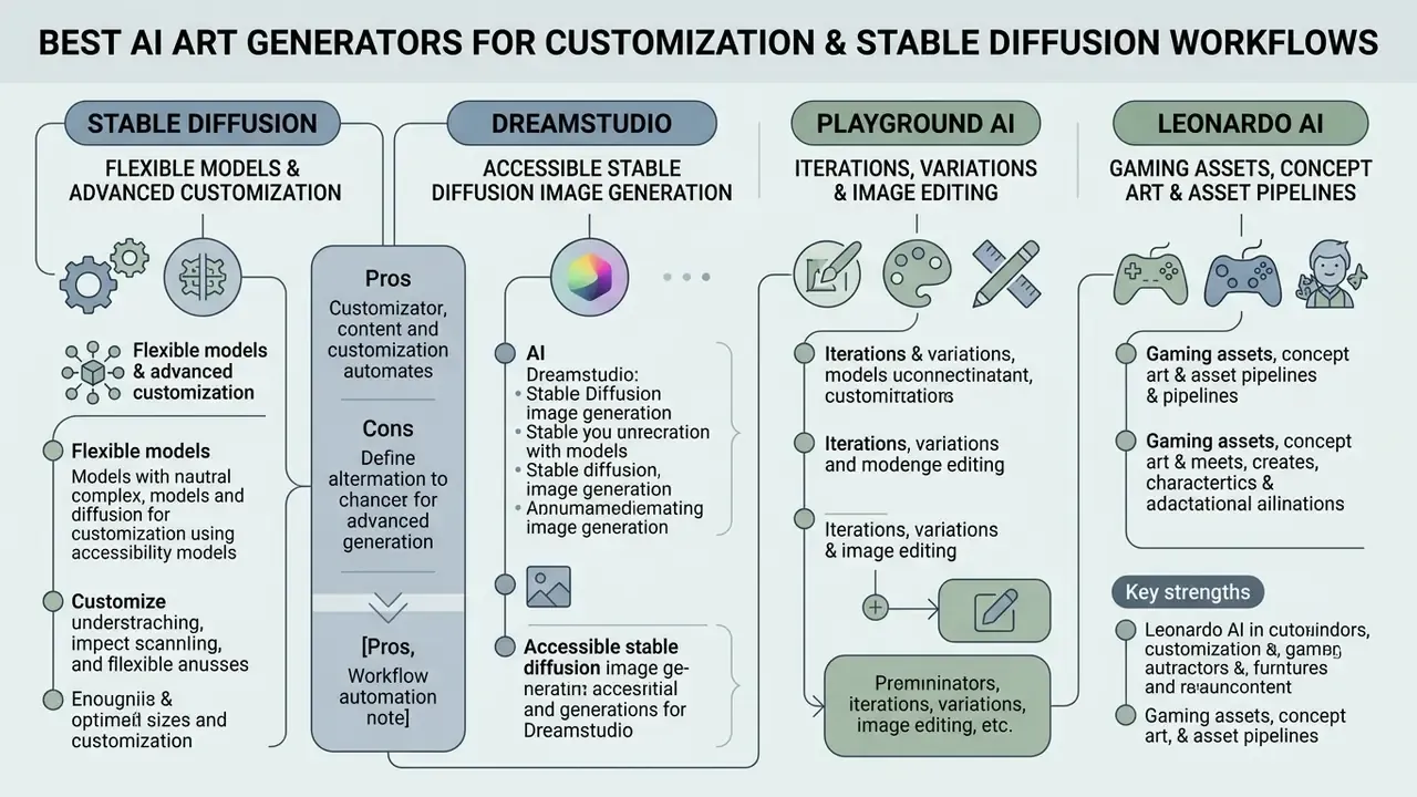 Diagram comparing features and strengths of Stable Diffusion, DreamStudio, Playground AI and Leonardo AI