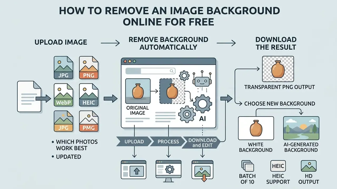 Flowchart illustrating the browser-based process to upload, automatically remove, and edit an image background